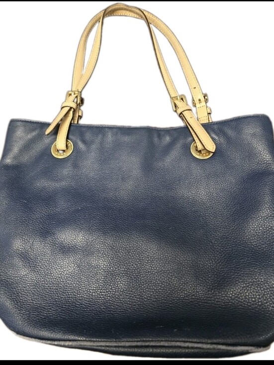 Michael Kors Handbags - Michael Kors Navy Blue Pebbled Leather Tote Bag Tan Straps Gold Hardware